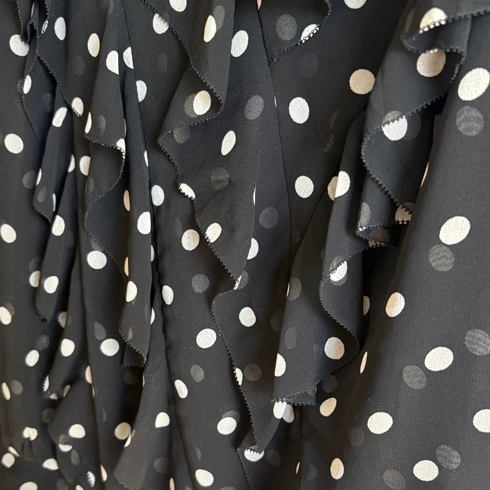 White House Black Market Black and White Polka Dot Blouse with Ruffles - Picture 4 of 5